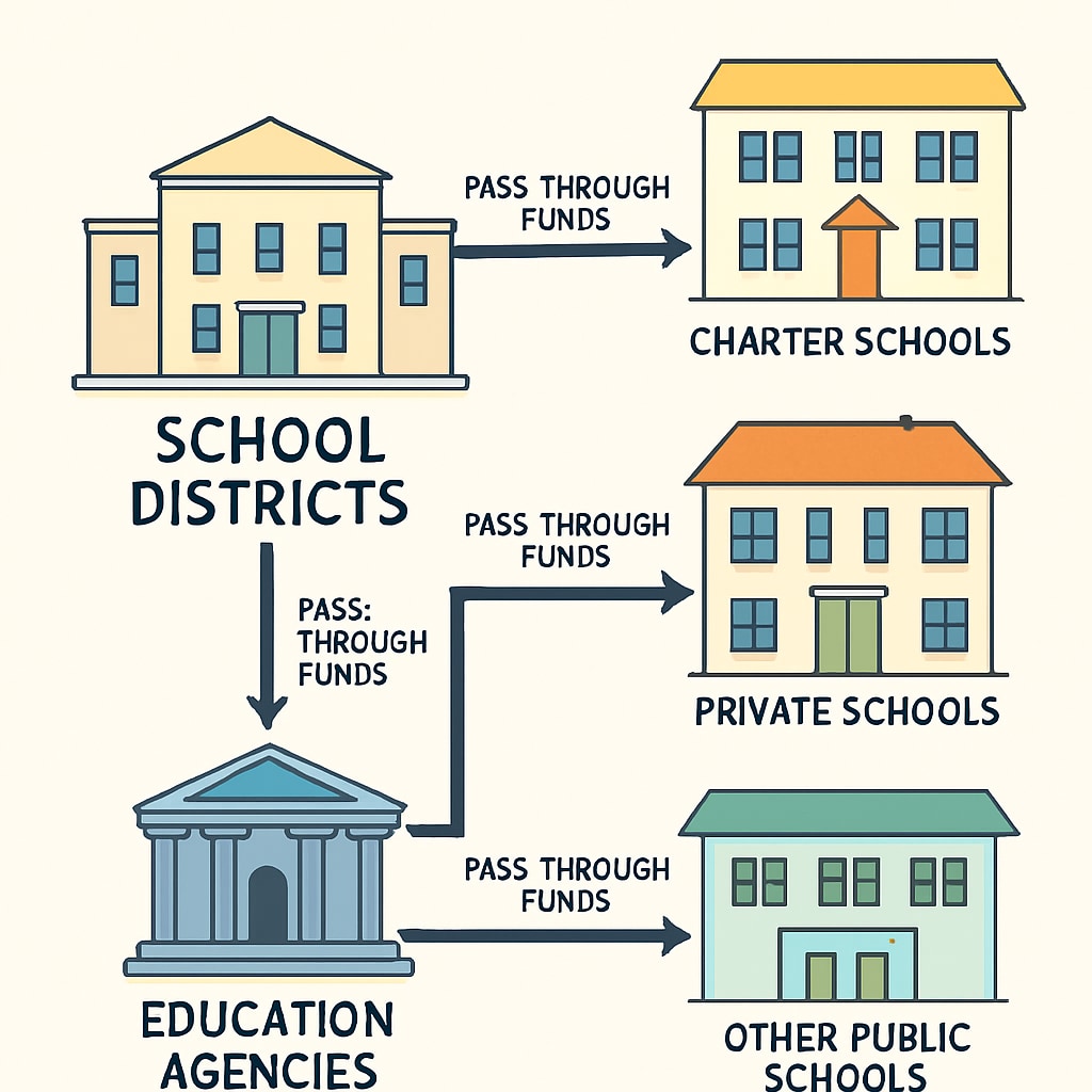 A visual representation of education funding flow, showing how pass-through funds move from school districts to other entities. Diagram showing the flow of pass-through funds in school budgets.