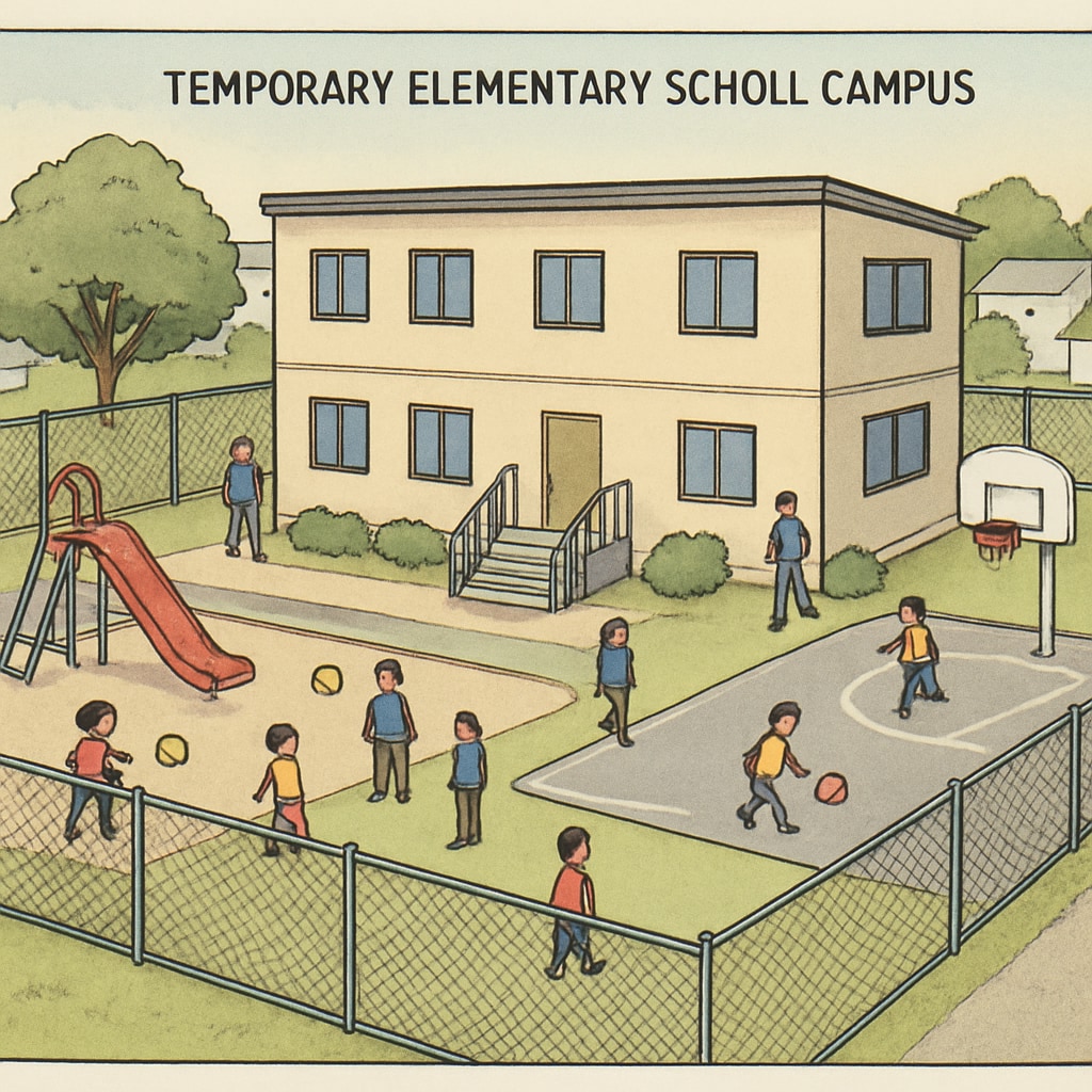 Temporary elementary school campus during reconstruction with reduced activity areas.