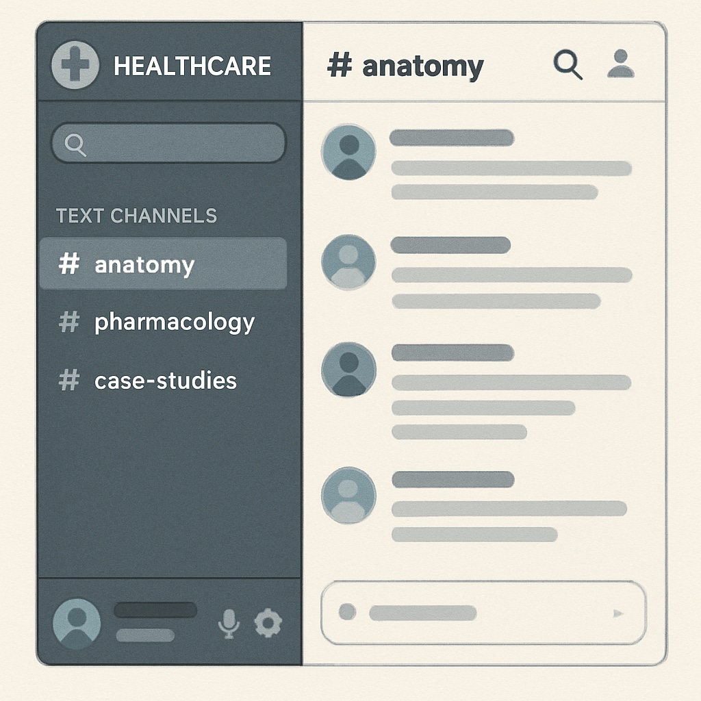 A Discord server interface showing healthcare-related channels, including Anatomy, Pharmacology, and Case Studies. Discord server interface with healthcare study group channels.