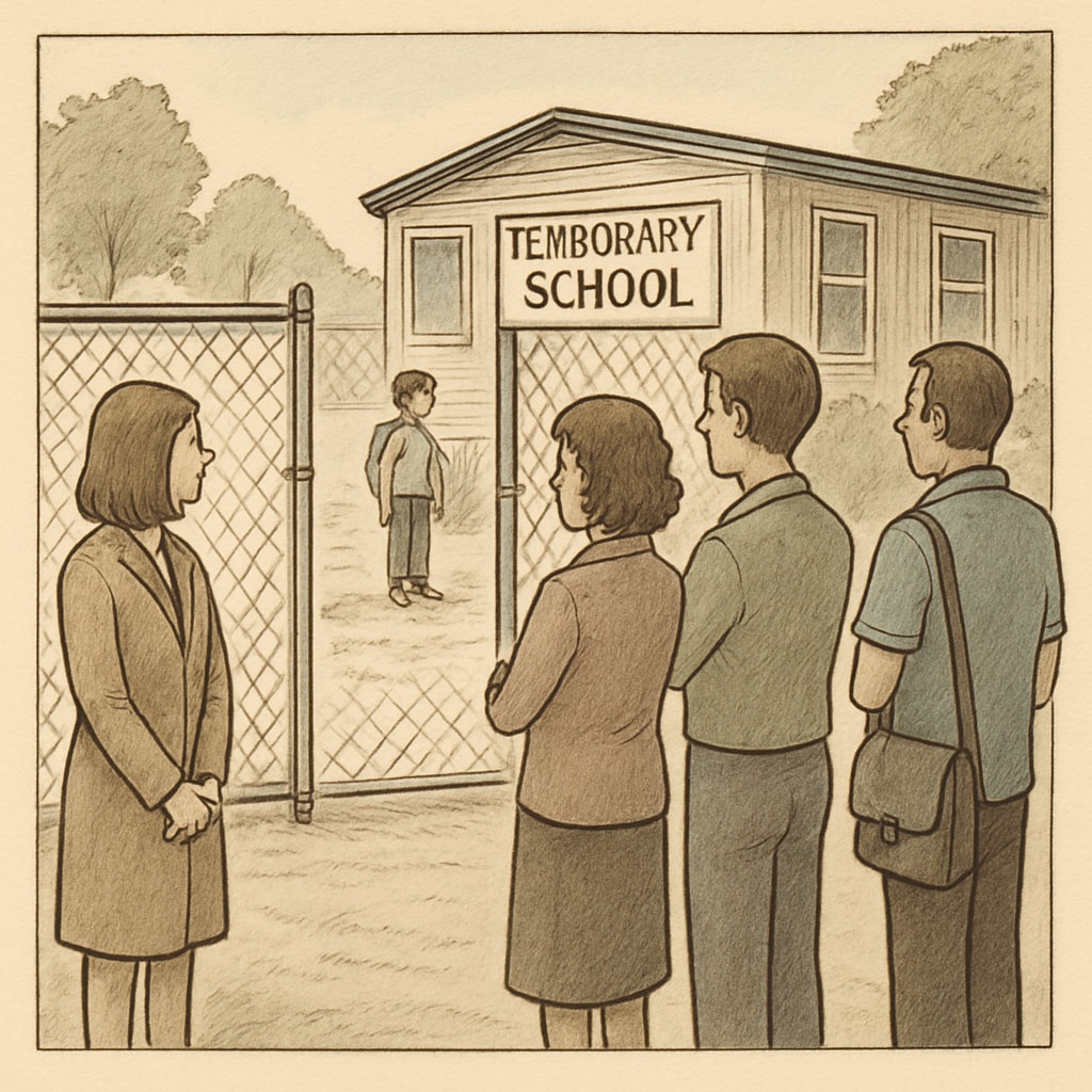 Parents outside temporary school gates during reconstruction, highlighting limited parental involvement.