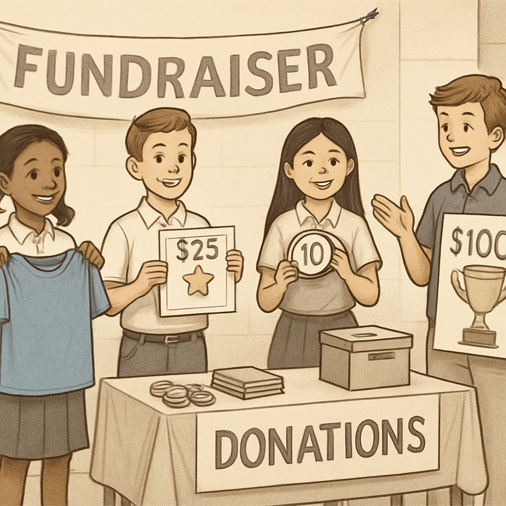 Students at school fundraising event displaying tiered rewards based on donations
