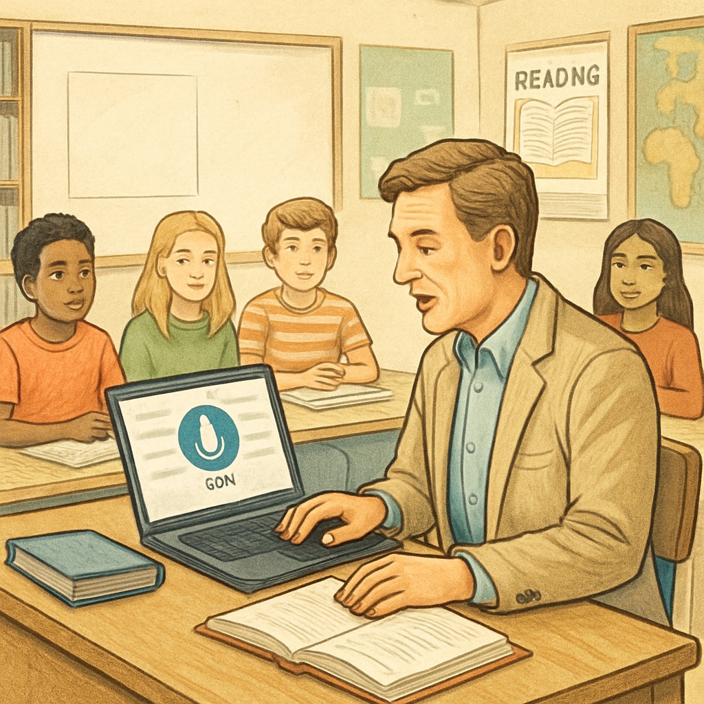 An educator using a voice-to-text tool on their laptop in a classroom setting. Educator using voice-to-text technology to enhance teaching efficiency.
