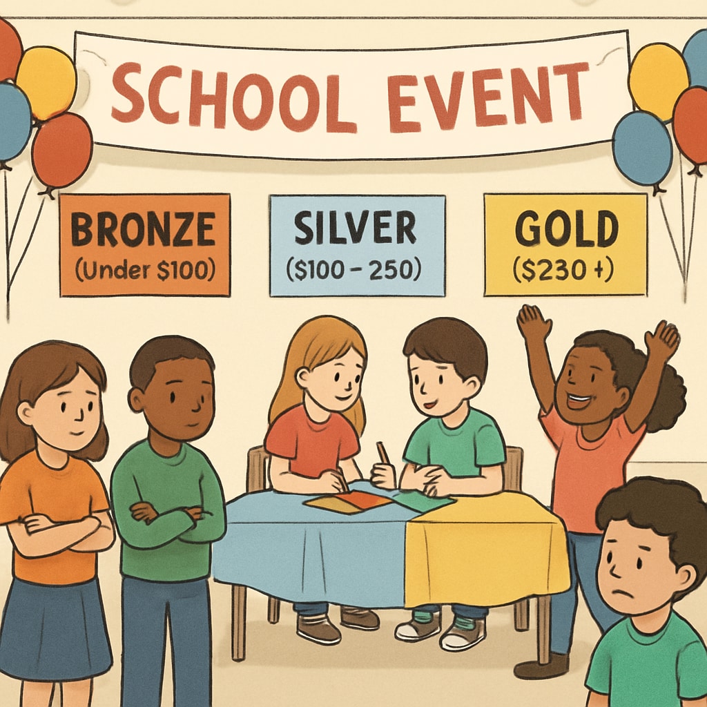 School event showing visible divisions in rewards based on donation tiers