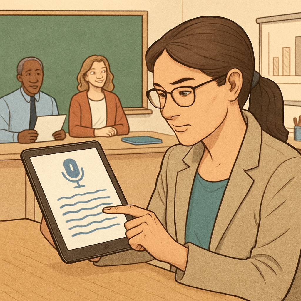 A teacher reviewing voice-transcribed notes on a tablet during a staff meeting. Teacher utilizing voice-transcribed notes for efficient feedback.