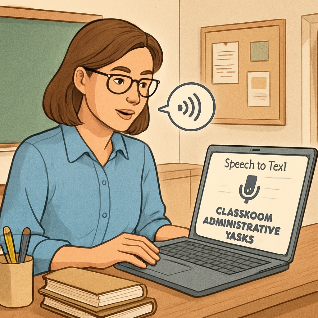 A teacher using speech-to-text software to simplify classroom administrative tasks, sitting at a desk with a laptop. A teacher utilizing speech recognition software to manage workload efficiently.