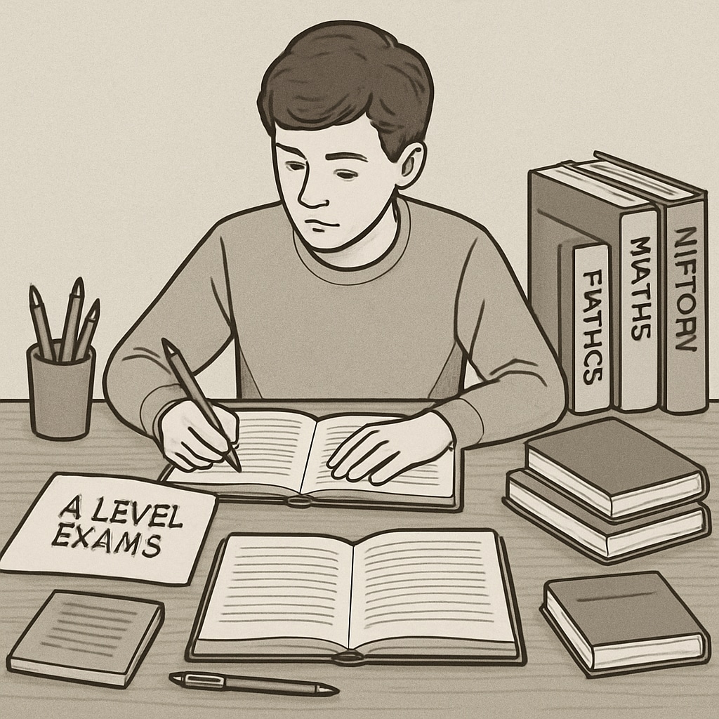 A student revising for A-level exams at a desk with textbooks. Student preparing for A-level retakes with study materials.