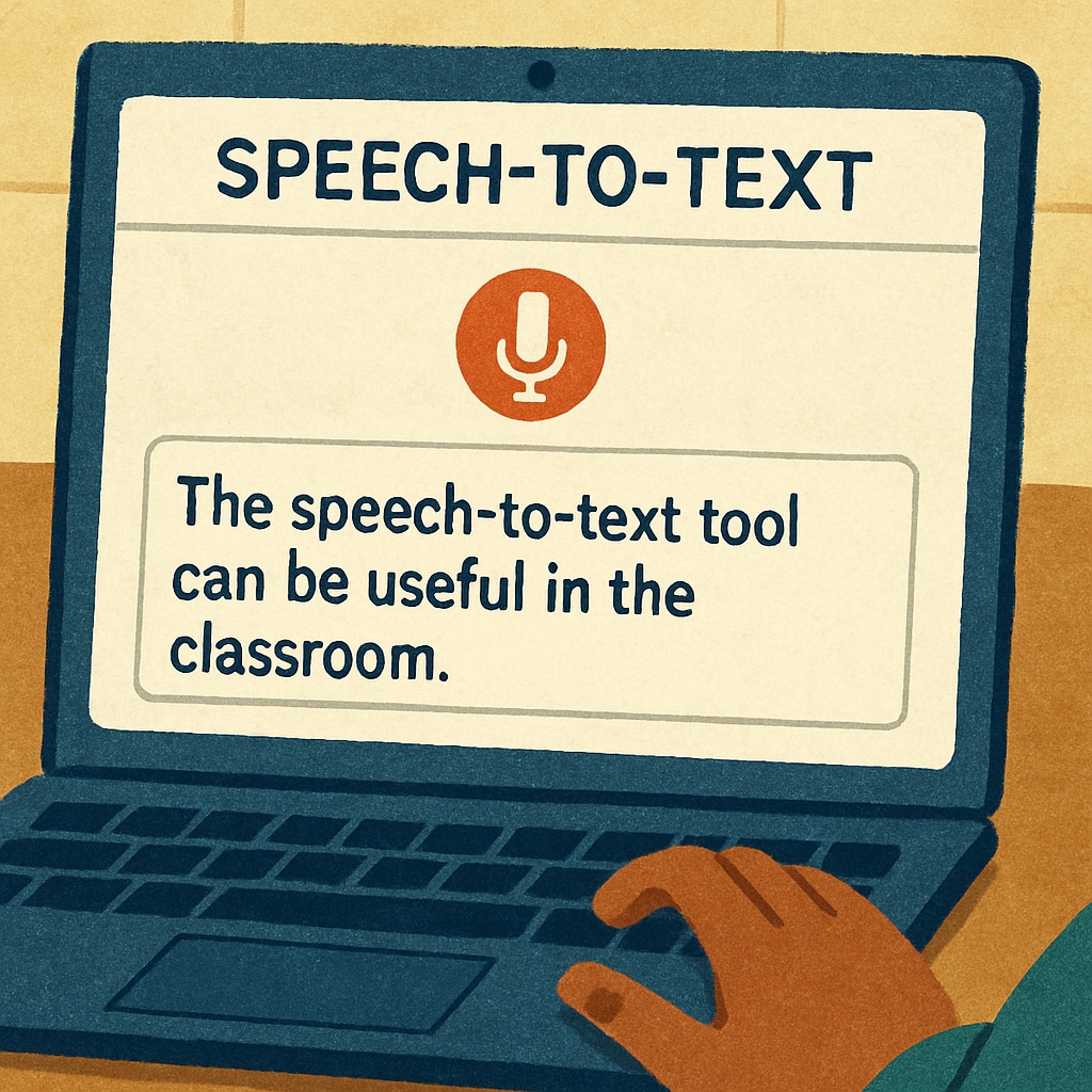 A close-up of a speech-to-text tool interface being used by a teacher, showing the real-time conversion of speech into text. A speech-to-text tool interface helping teachers improve teaching efficiency.