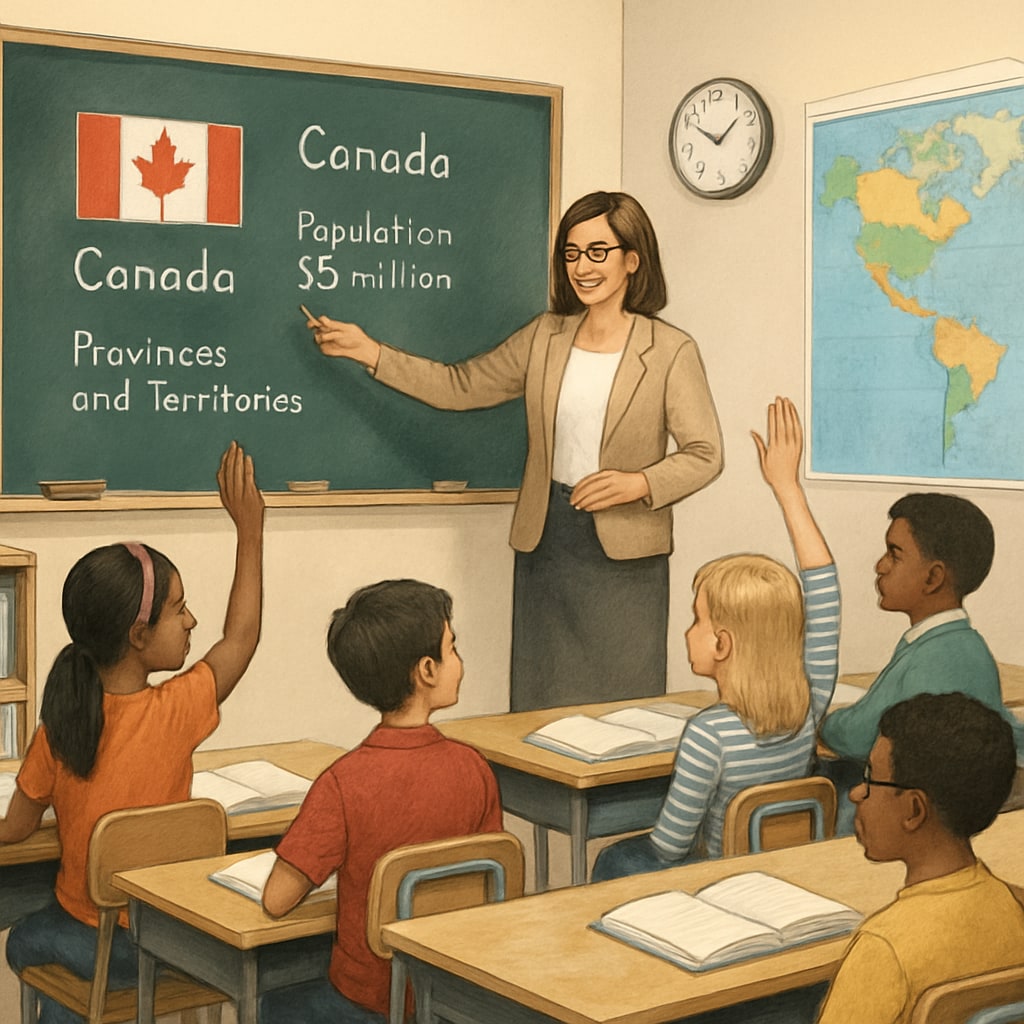A teacher in a diverse Canadian classroom engaging with students during a lesson. Canadian classroom scene with a teacher and engaged students, showcasing inclusivity.