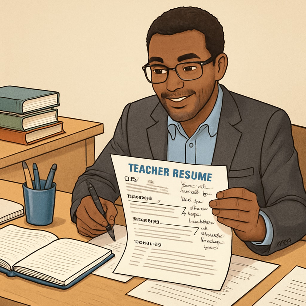 A career coach reviewing a teacher's resume with detailed notes and suggestions. Career coach assisting with resume revisions for Canada’s K12 education jobs.