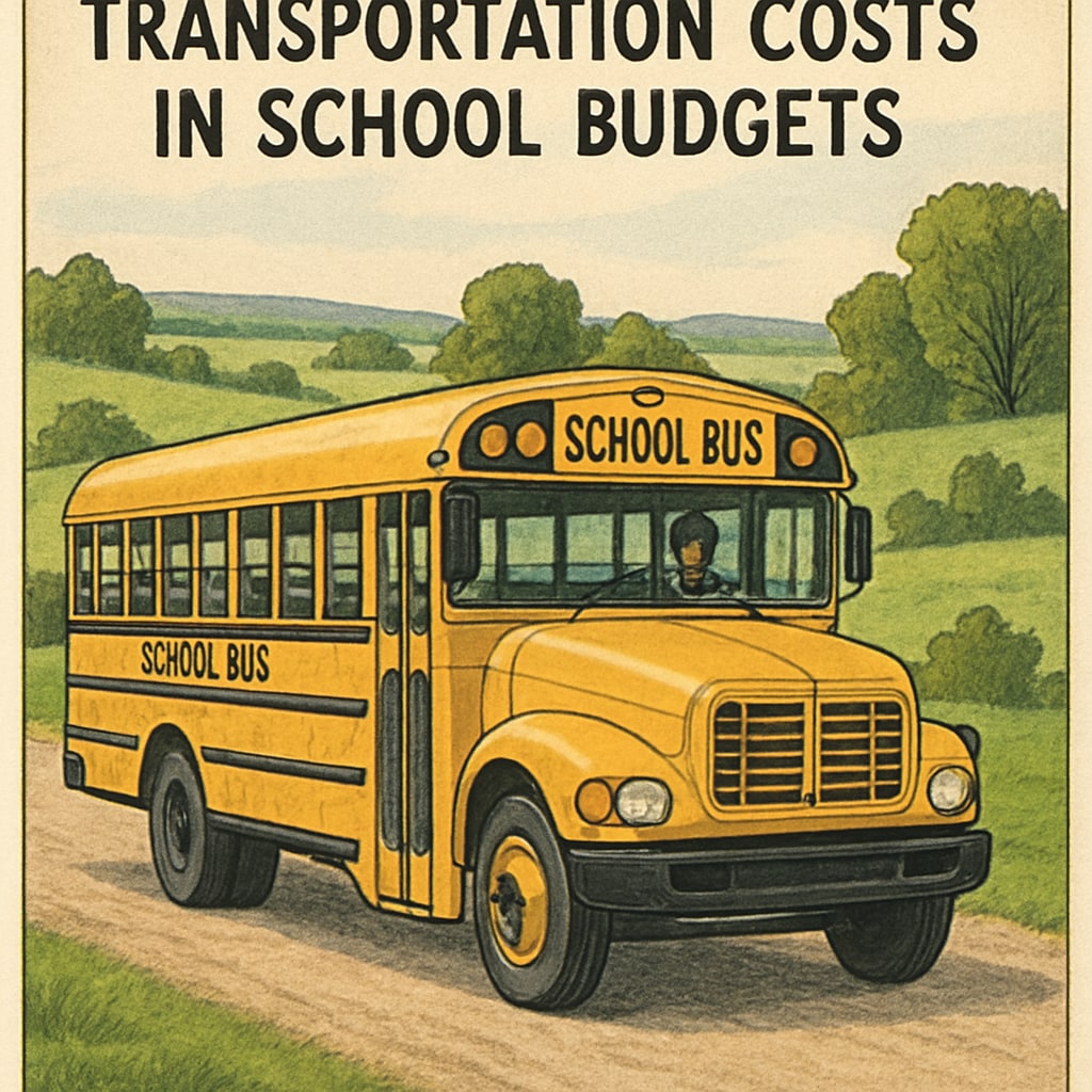 A yellow school bus driving through a rural area, representing transportation costs in school budgets. A yellow school bus highlighting transportation costs in school budgets.