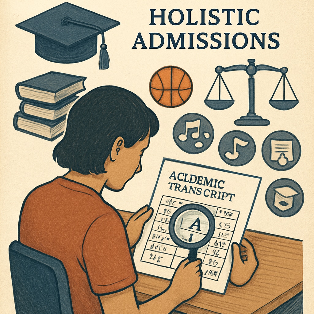 A student reviewing their transcript with a focus on holistic admissions. The image visually represents the theme of Harvard's comprehensive evaluation process. Student transcript review for Harvard admissions standards