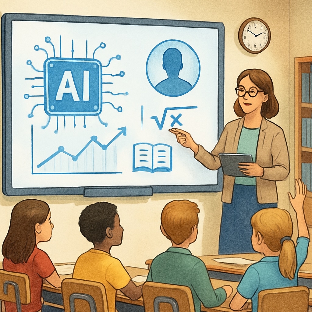 A teacher using an AI-powered interactive whiteboard to deliver a personalized lesson in a classroom. AI-powered teaching tools in a school setting.