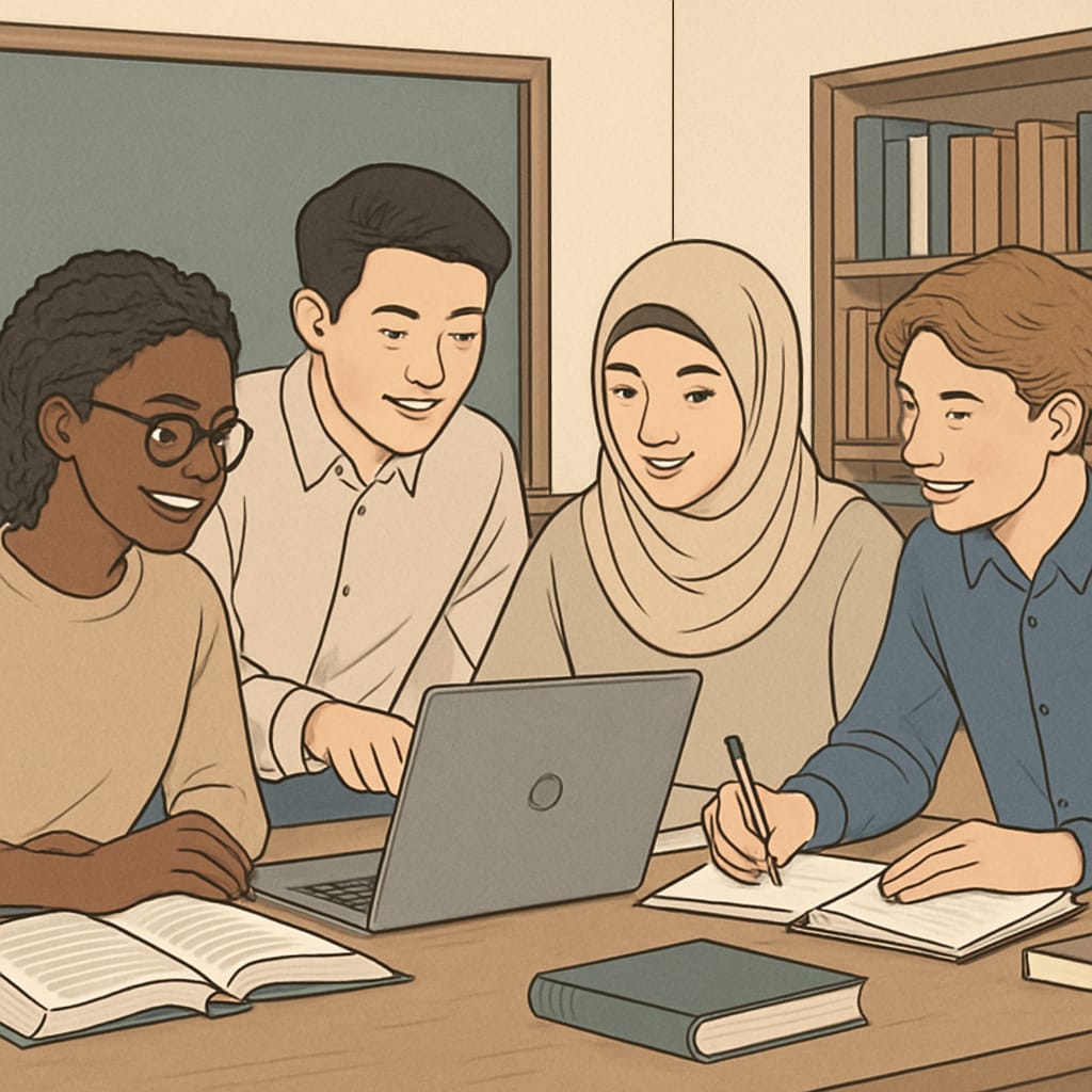 A group of diverse students engaged in a collaborative project, representing Harvard's community values. This image highlights the inclusive and holistic nature of elite university admissions. Diverse students collaborating, illustrating Harvard University's emphasis on community