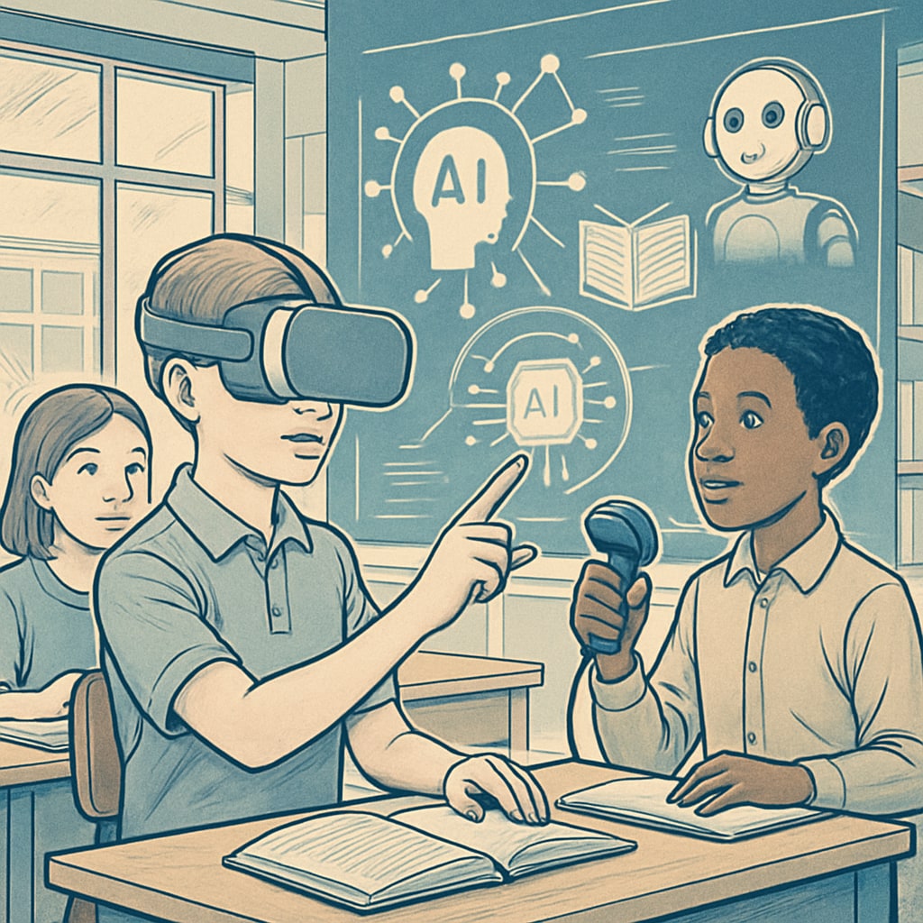Students engaging with a VR simulation in a classroom, exploring AI-integrated learning environments. Students using VR headsets for AI-driven educational simulations.