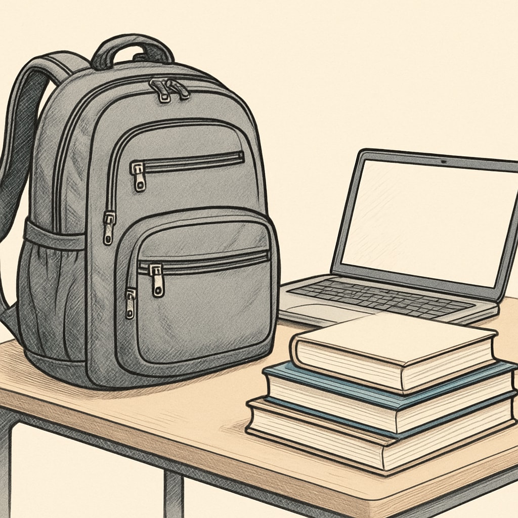 A spacious and organized college backpack with multiple compartments, placed on a student desk with books and a laptop. A spacious college backpack for students, showing compartments for books and laptops.