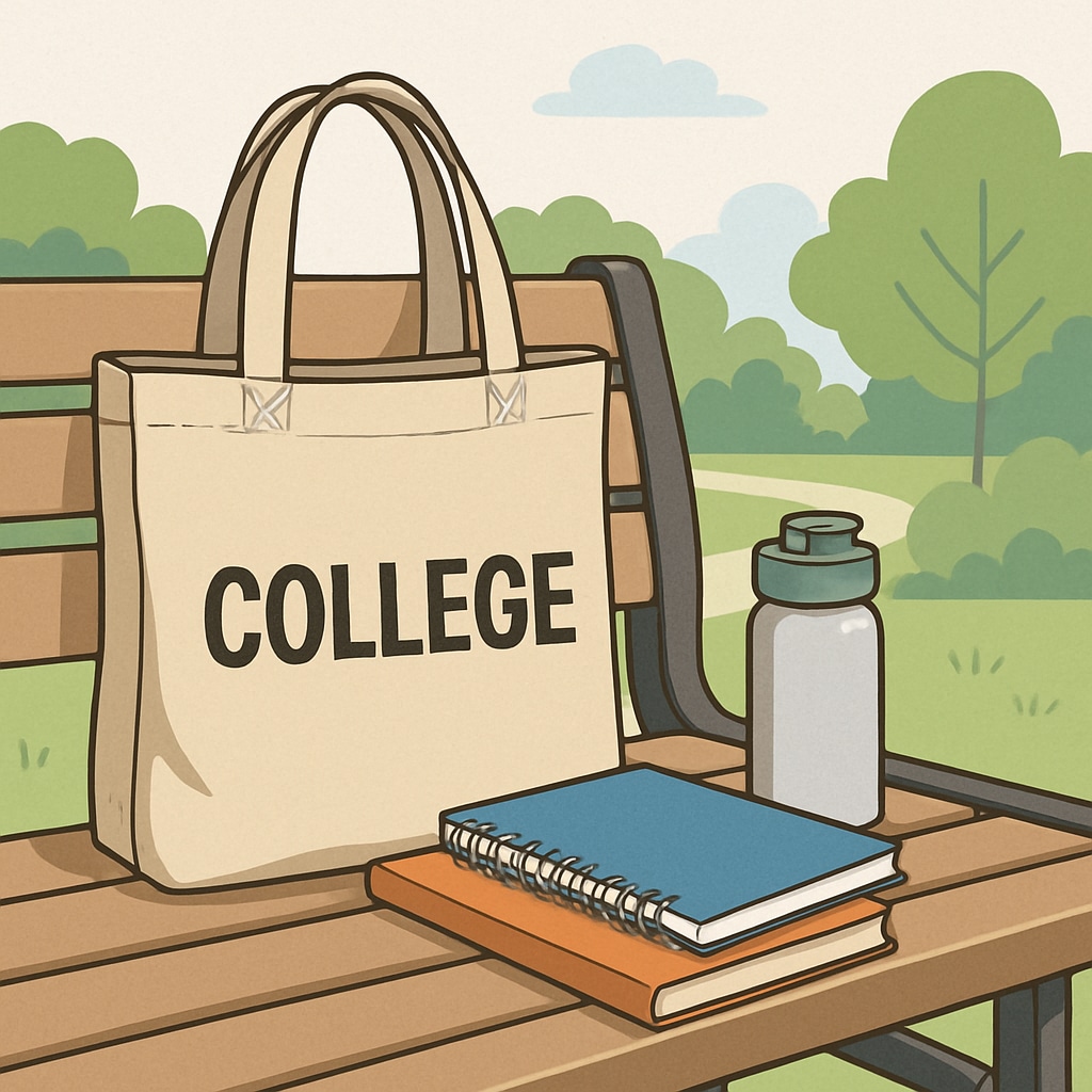 An affordable yet stylish college tote bag, placed on a park bench with notebooks and a reusable water bottle next to it. An affordable college tote bag for students, with books and a water bottle.