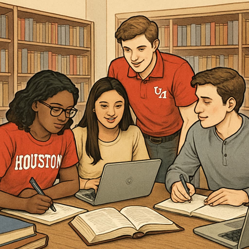 A group of University of Houston students working together in a library setting University of Houston students in a study group collaborating in a library