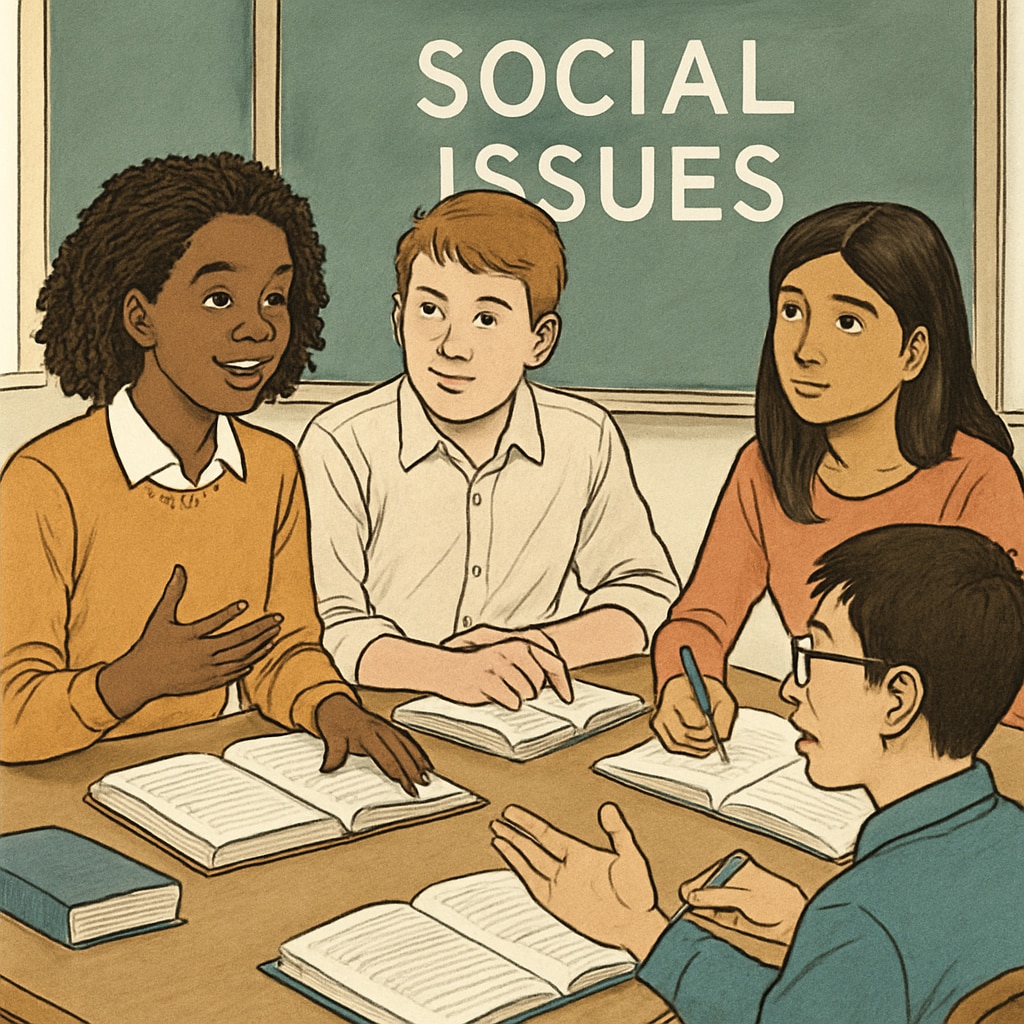 A group of diverse students engaged in a classroom discussion about social issues. Diverse students discussing social issues in a classroom, related to wokeness in schools.