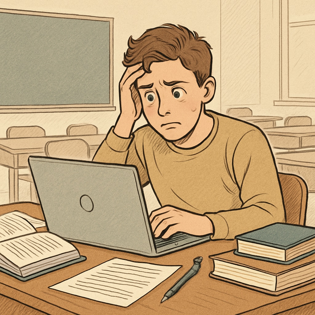 A concerned student sitting in front of a laptop, looking stressed after being accused of plagiarism. Student stressed after plagiarism accusation
