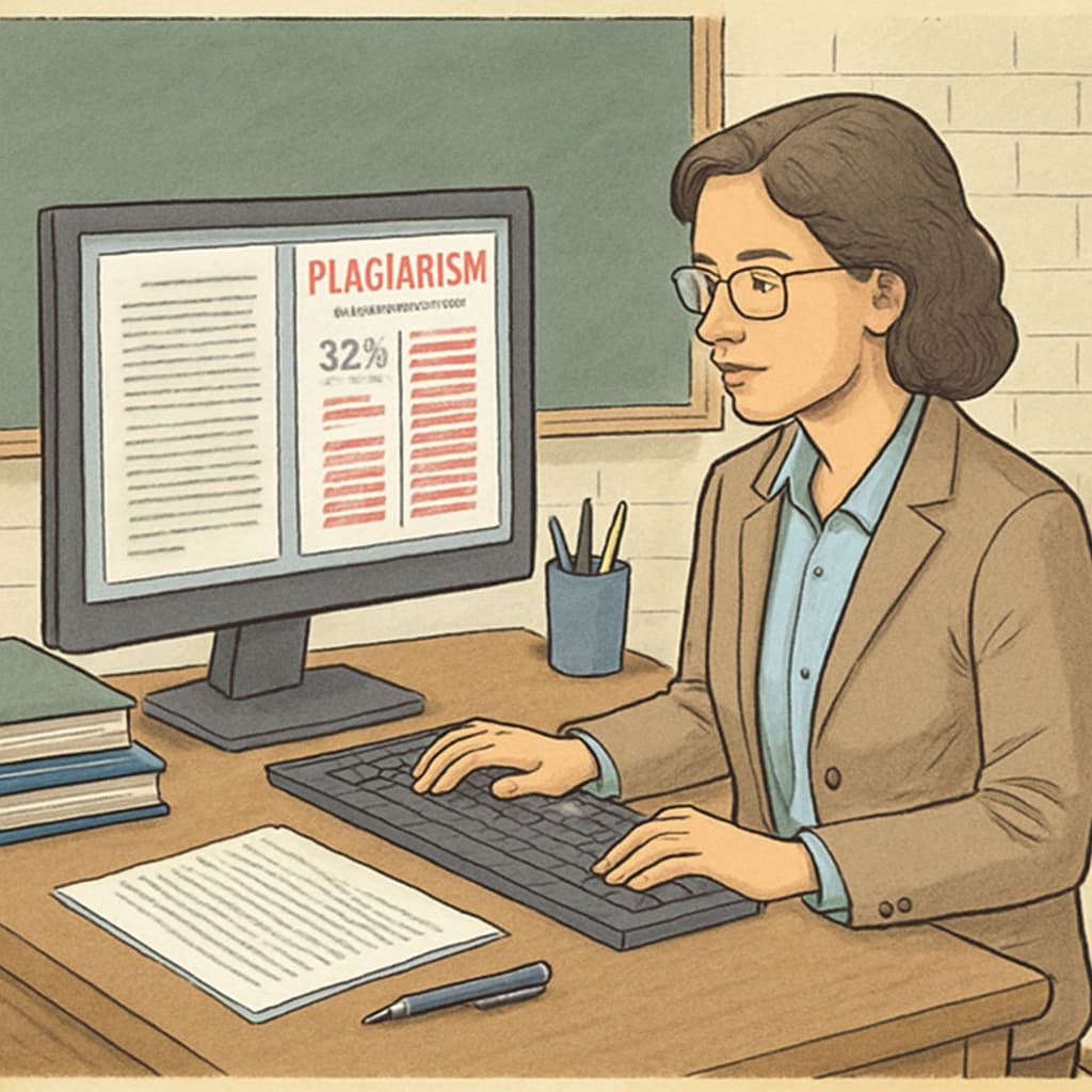 A teacher reviewing a student's paper with plagiarism detection software on a computer screen. Teacher reviewing plagiarism detection software with a student's paper.