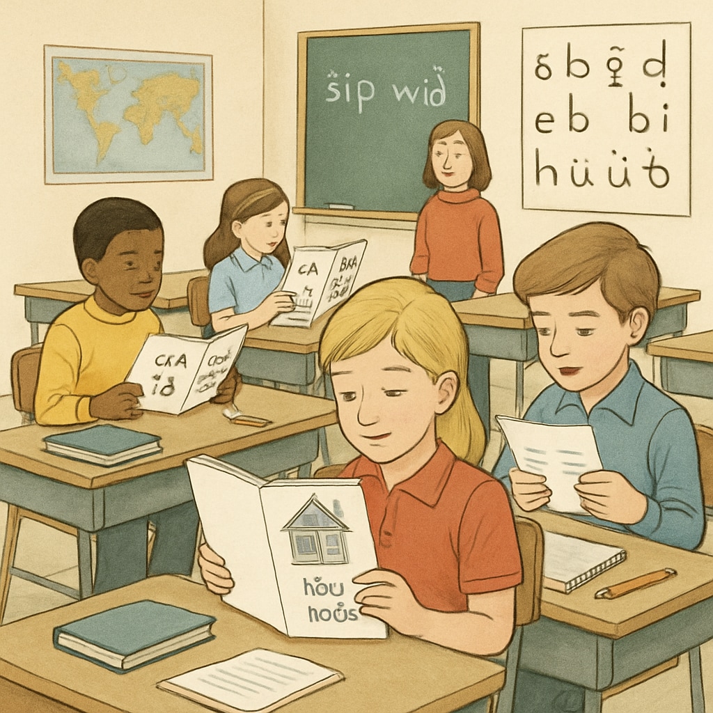A classroom photo from the 70s showing children using ITA materials for reading practice. Classroom with students learning to read using Initial Teaching Alphabet books