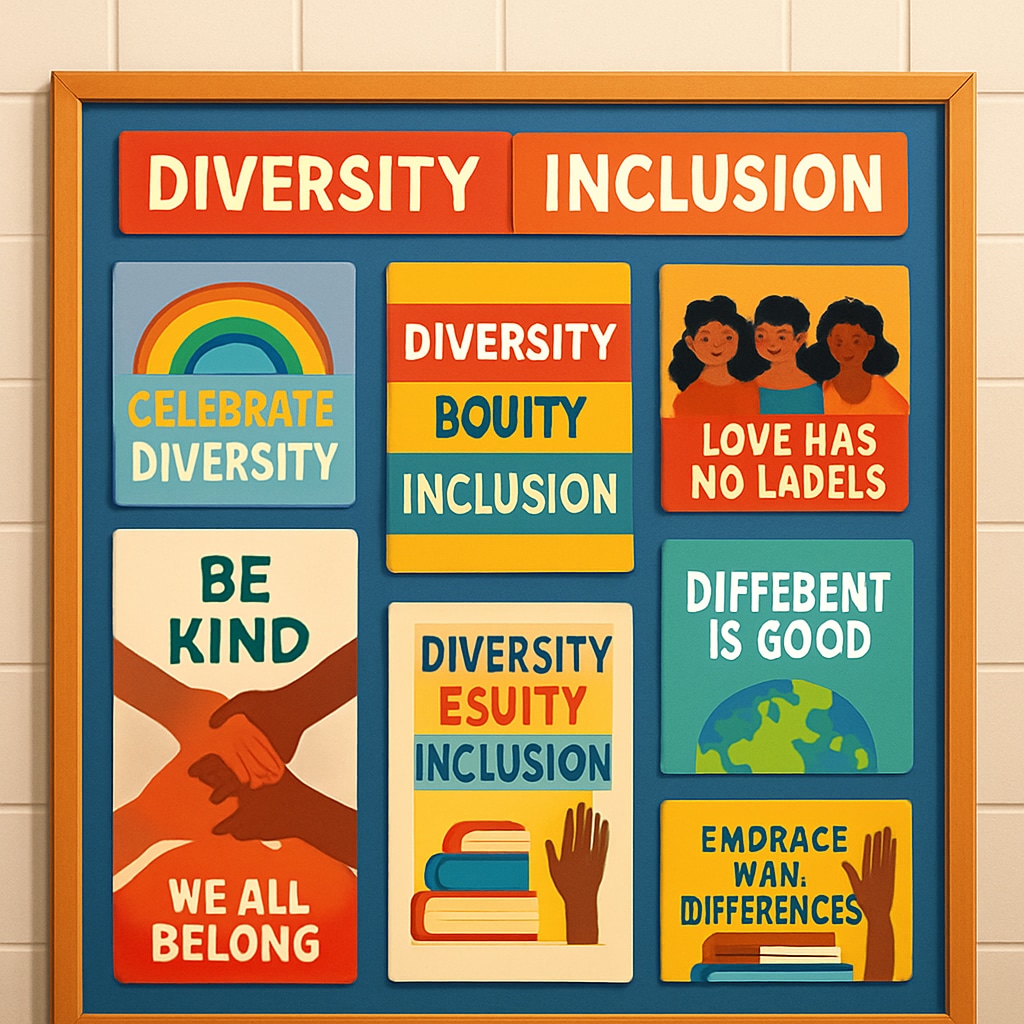 A colorful bulletin board in a school showcasing diversity and inclusion posters. School bulletin board displaying diversity and inclusion posters, highlighting the concept of wokeness.