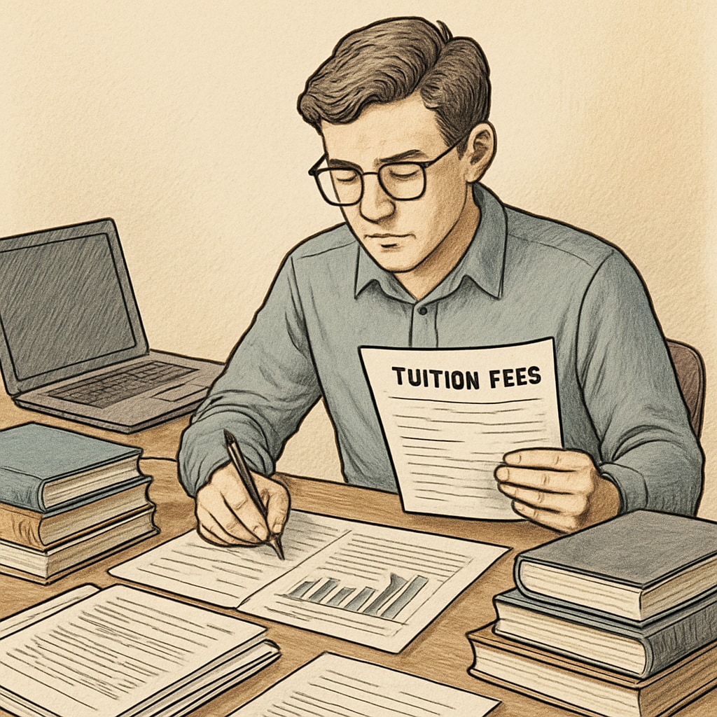 A university student reviewing tuition fees and analyzing financial documents at a desk. University student analyzing tuition fees and financial challenges.
