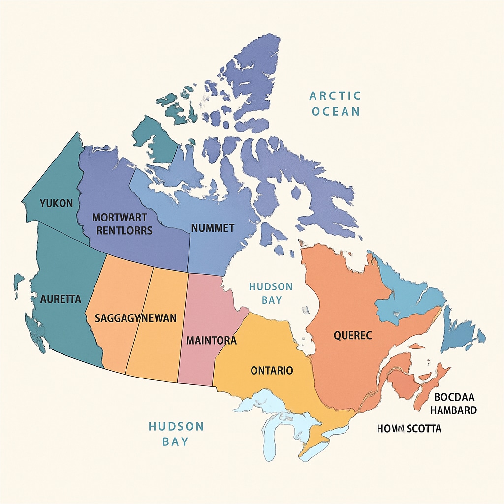 A map of Canada highlighting provinces with differing K12 education systems and curricula. Map of Canada showing provincial education differences related to K12 teaching.