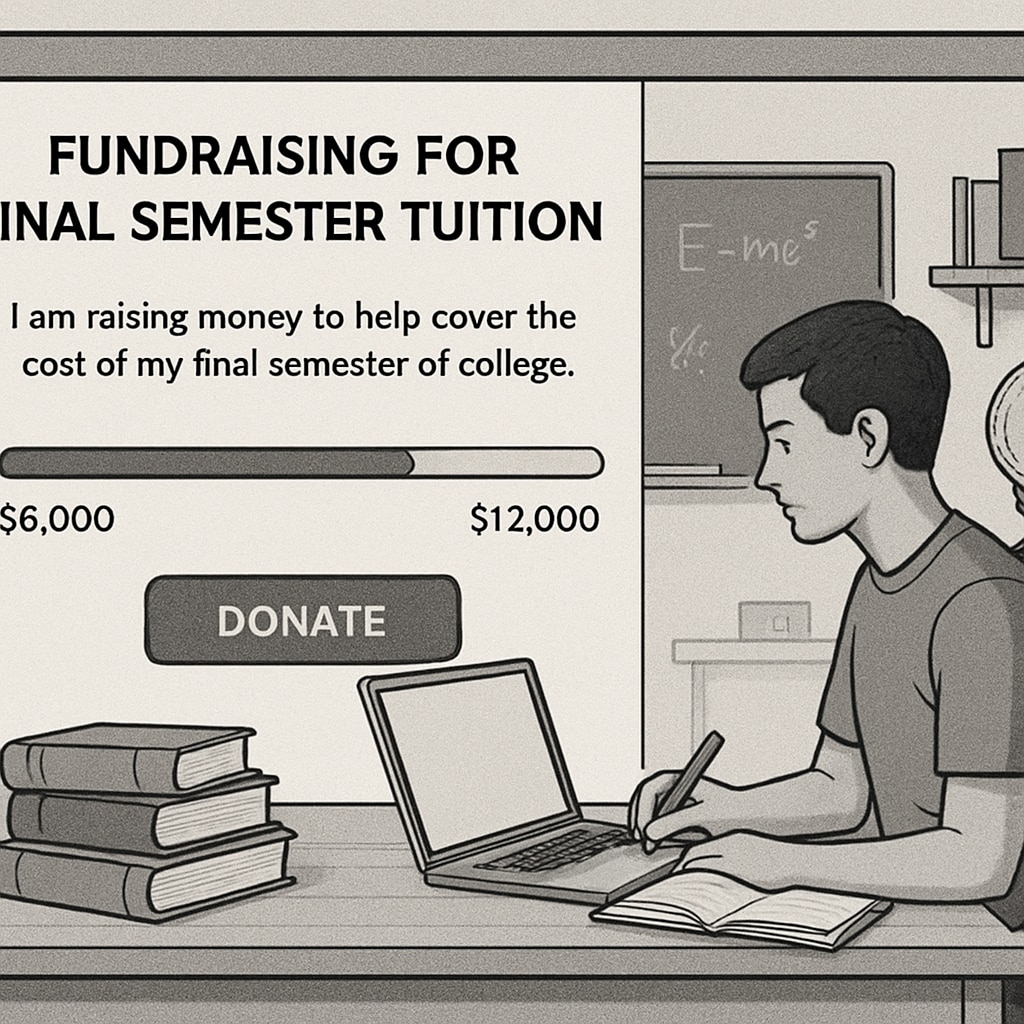 A crowdfunding campaign page featuring a student raising funds for their final semester tuition. Crowdfunding platform showcasing a tuition fundraising campaign.