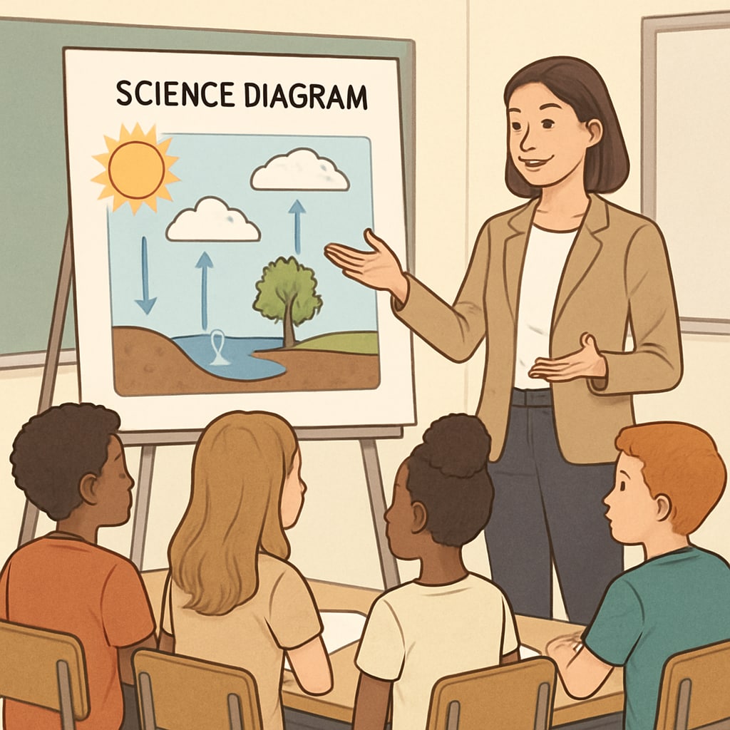 A teacher explains a science diagram to a group of diverse students, highlighting the use of visual aids to support English learners. A teacher using visual aids in a science classroom with English learners.