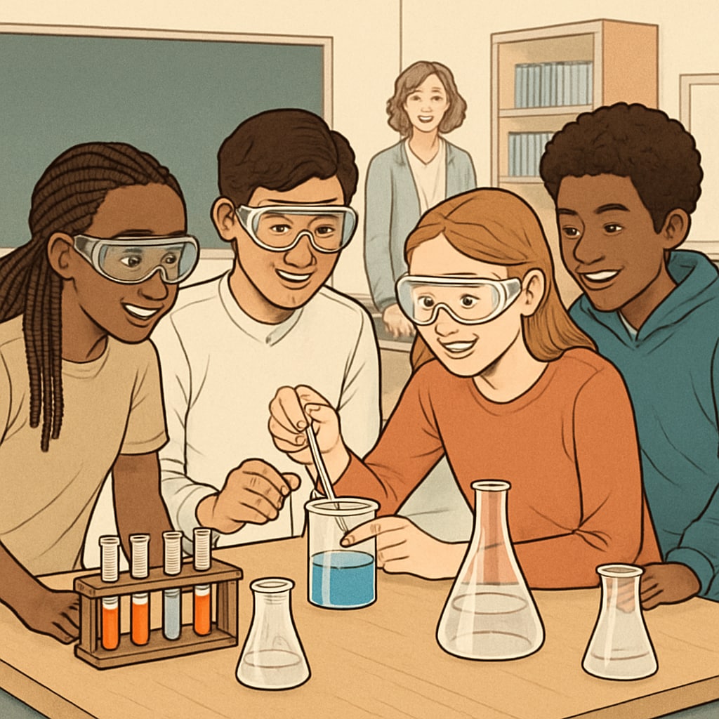 A classroom of diverse high school students working together on a science experiment, representing collaborative learning in a multicultural setting. Diverse students collaborating on a science project in a high school classroom.