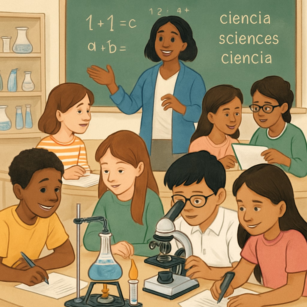 Students working in diverse groups on a science experiment, emphasizing collaborative learning in a multilingual classroom. Students collaborating on a science experiment in a classroom with English learners.