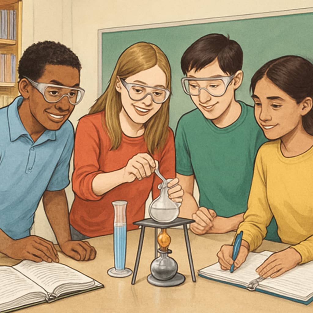 A group of high school students conducting a hands-on science experiment, highlighting the benefits of collaborative learning for English Language Learners. High school students performing a science experiment to demonstrate collaborative learning.
