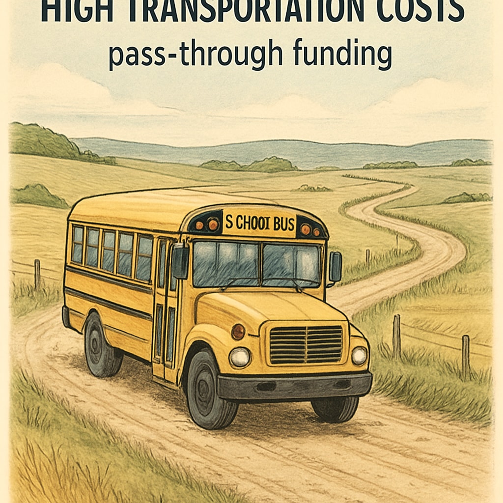 A school bus driving through a remote, rural area, illustrating the high transportation costs associated with pass-through funding. School bus in a rural area highlighting pass-through transportation costs.