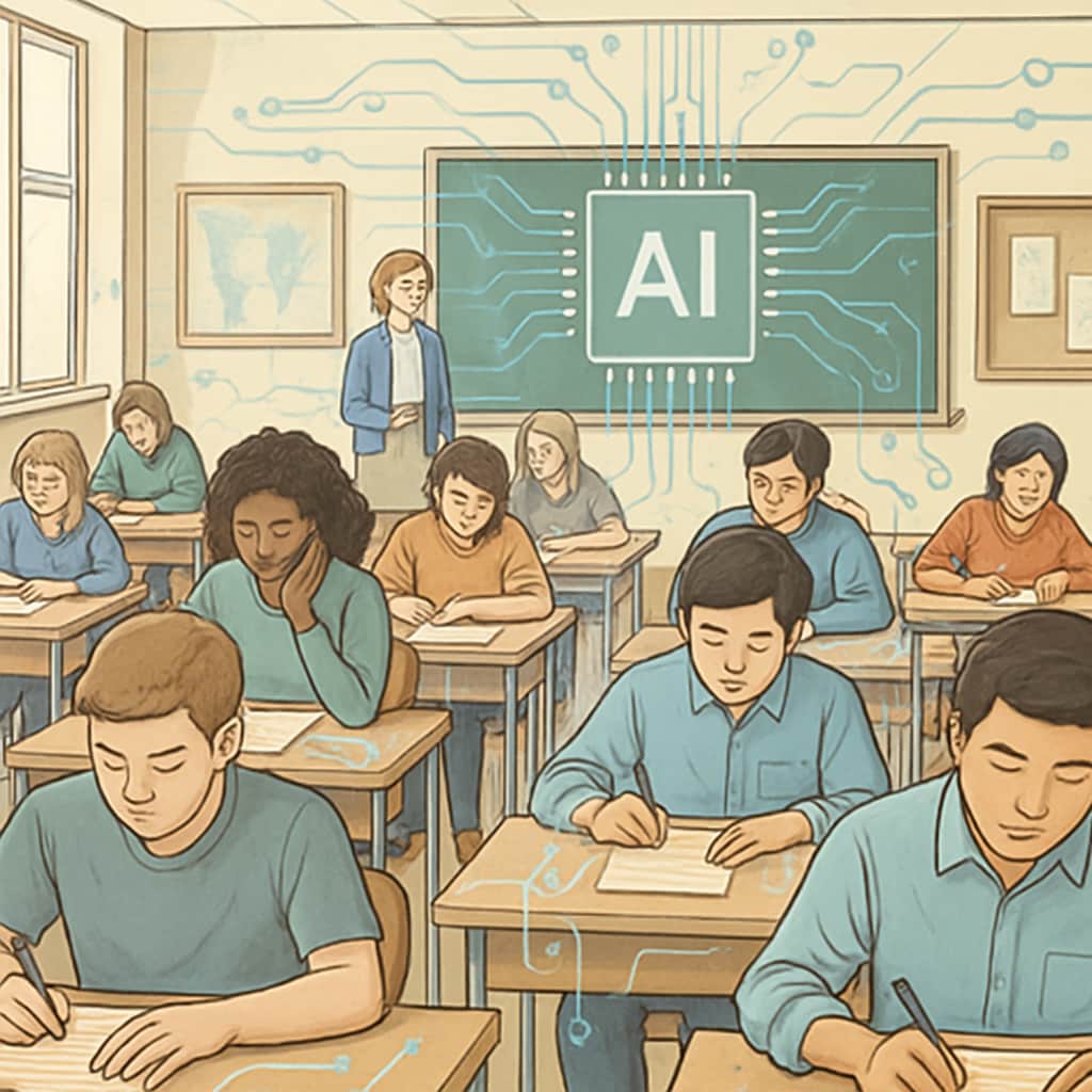 A classroom of students taking a traditional exam, with a digital overlay symbolizing the influence of AI on education. Students in a classroom taking exams with AI influence represented digitally.