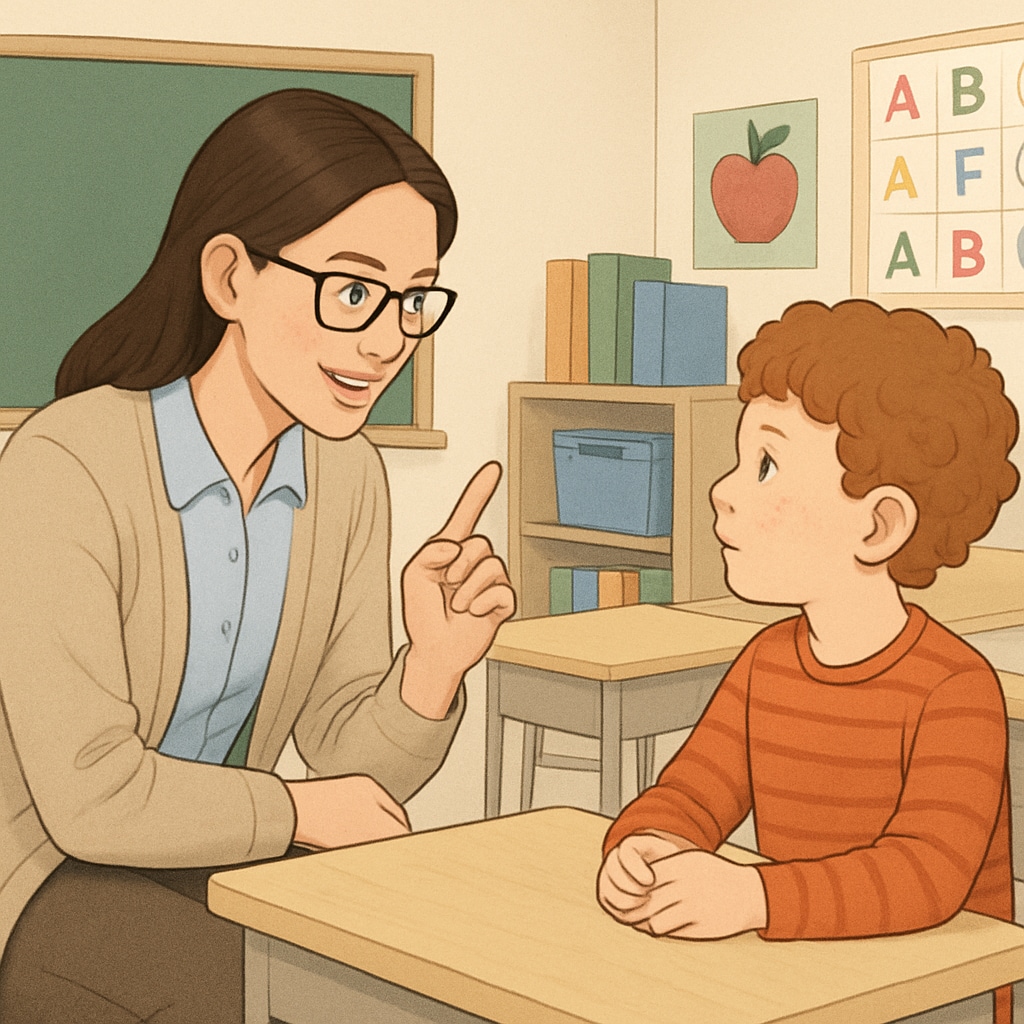 Teacher assistant working with a child with autism spectrum disorder in a classroom.