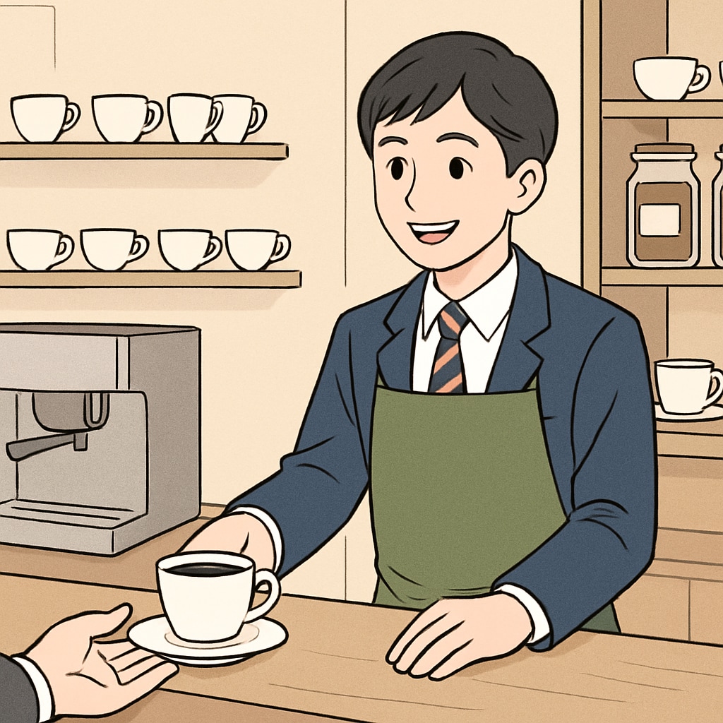 A high school student working part-time at a coffee shop, learning customer service skills. High school student working part-time to earn pocket money.