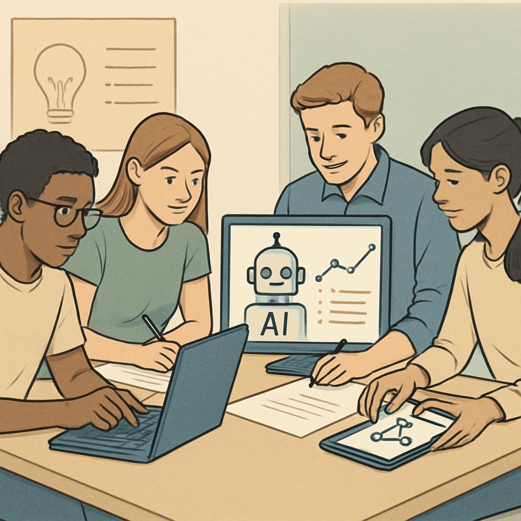 A group of students collaborating on a project using AI tools to solve real-world problems, showcasing modern education methods. Students working together on a project with AI tools for problem-solving.