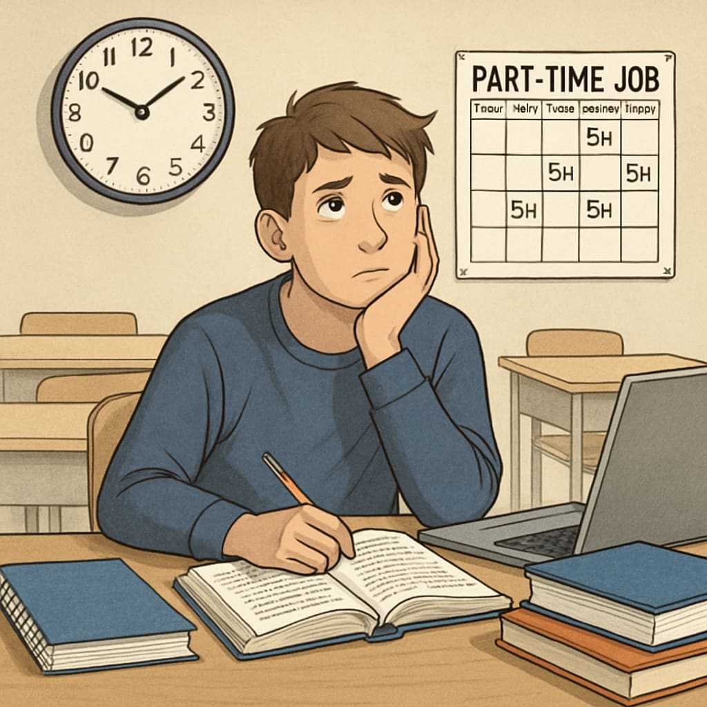 A high school student struggling to balance schoolwork and part-time job responsibilities. High school student balancing academics and part-time job.