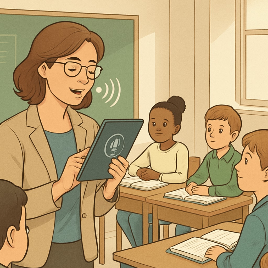 A teacher using a voice recognition tool on a tablet to provide student feedback during a class discussion. Teacher using AI voice recognition for student feedback, improving work efficiency.