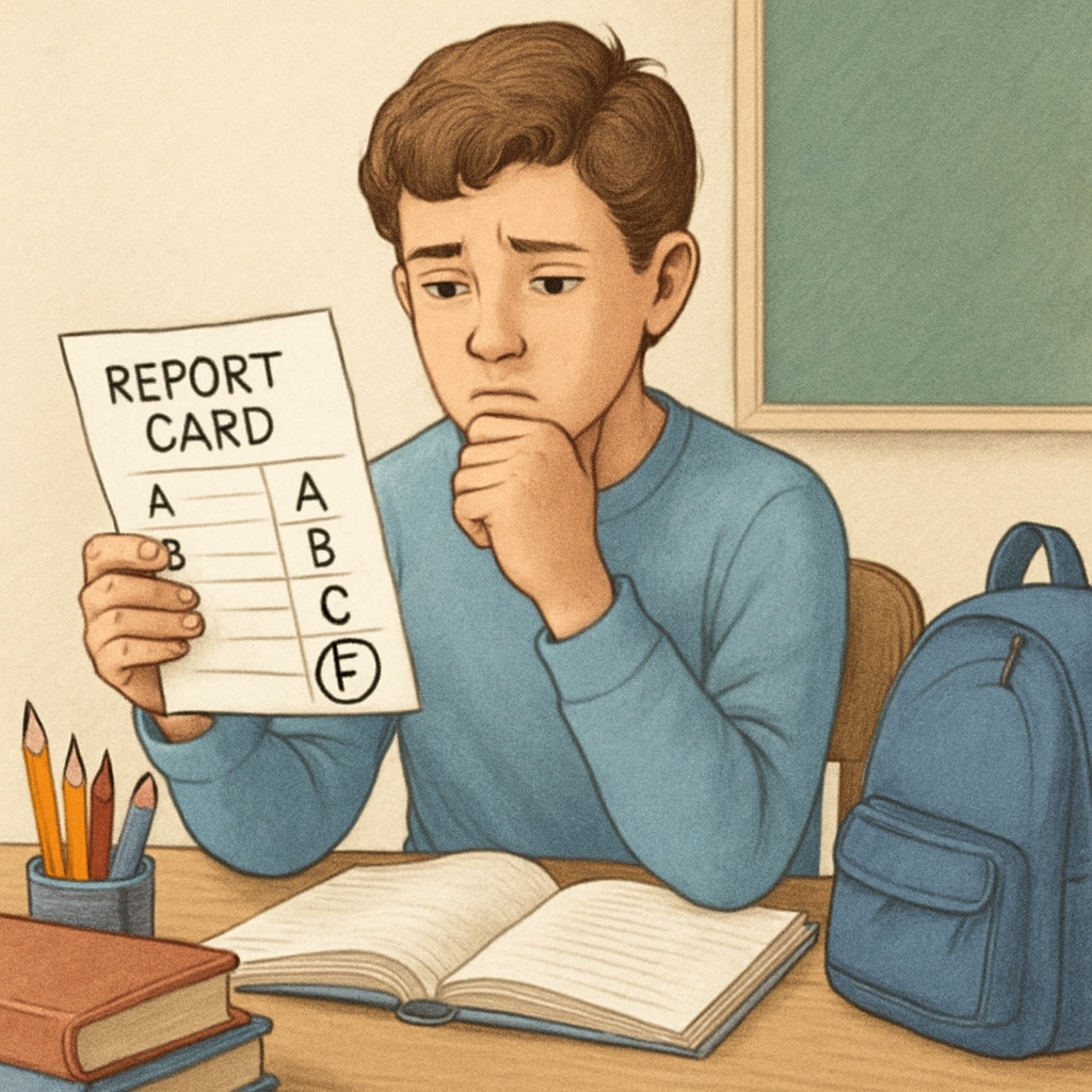 A student looking at their report card with mixed grades, symbolizing academic challenges. A student reviewing their academic performance, related to Harvard University admissions and the CALM course.