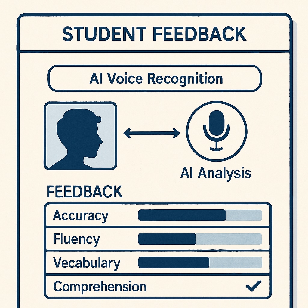 An interface showcasing student feedback generated by AI voice recognition software. AI-generated student feedback screen, illustrating how voice tools aid teaching efficiency.