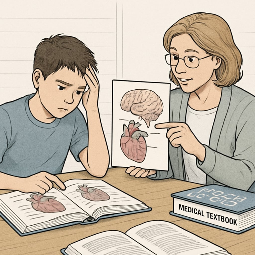 A student with learning difficulties studying medical textbooks with assistance from a tutor. The tutor is guiding the student using visual aids. Student with learning difficulties receiving tutoring for medical studies.