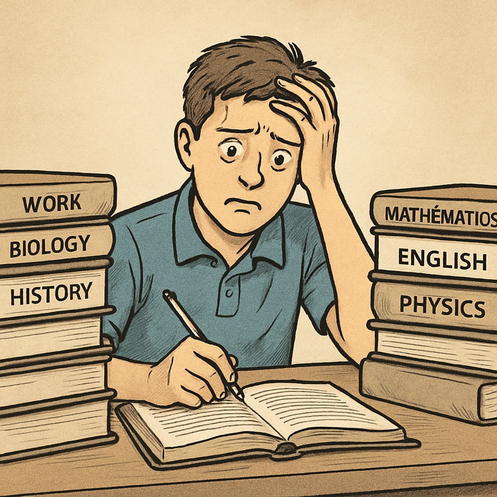 A high school student sitting at a desk surrounded by textbooks, looking overwhelmed, illustrating challenges of balancing work and academics. High school student overwhelmed with books, highlighting academic challenges of part-time work.