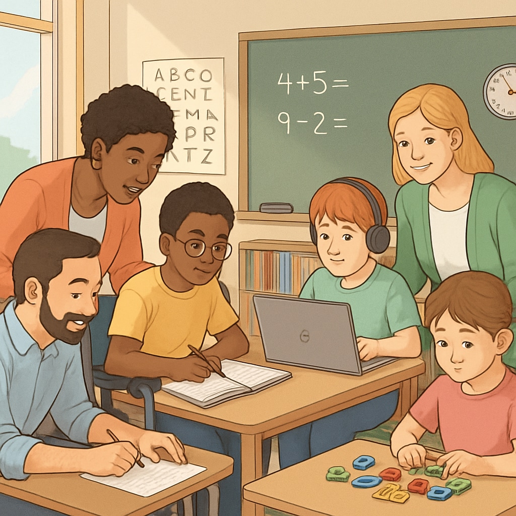 A classroom setting featuring diverse students with learning difficulties receiving individualized support from educators and specialists. Diverse students with learning difficulties in a supportive classroom environment.