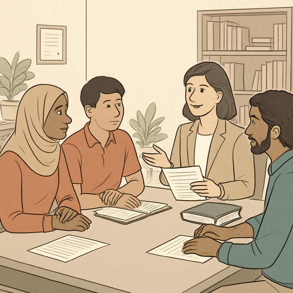 A group of international students discussing academic options with a counselor, representing diverse education pathways. Students discussing A-Level exams, foundation courses, and education choices.