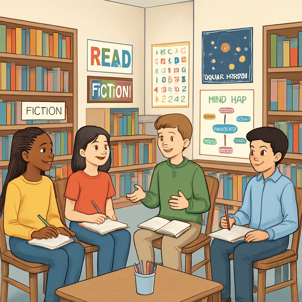 A group of students engaged in a community library workshop, surrounded by books and interactive materials such as posters and study aids. Students participating in a community library workshop for free learning.