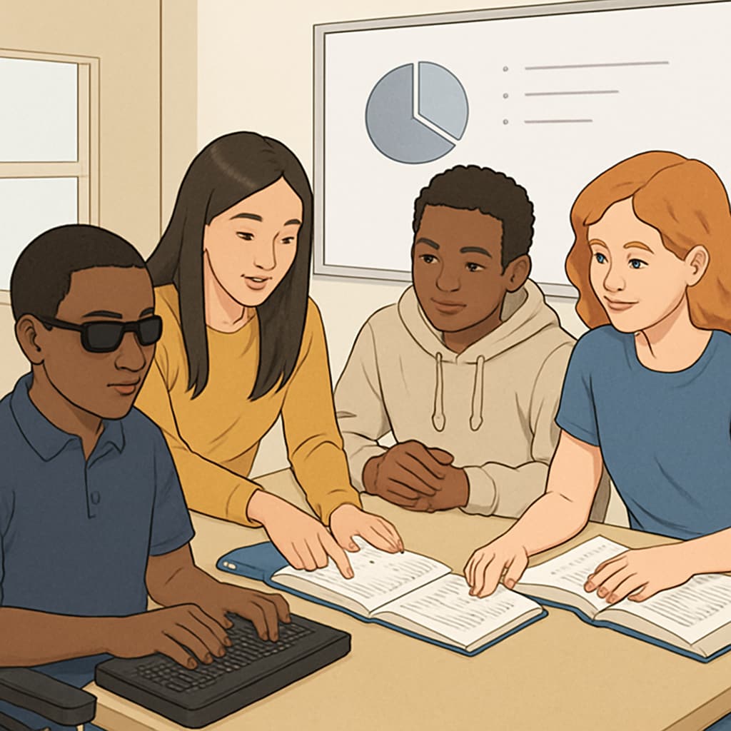 A diverse group of students, including one visibly using assistive technology, working together in a positive and inclusive classroom environment. Inclusive classroom featuring students with and without learning disabilities collaborating.