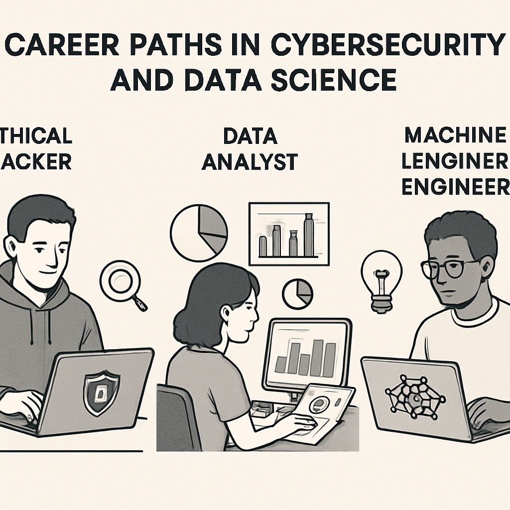 Career paths in cybersecurity and data science visualized, showing roles like ethical hacker, data analyst, and machine learning engineer. Career paths in cybersecurity and data science visualized