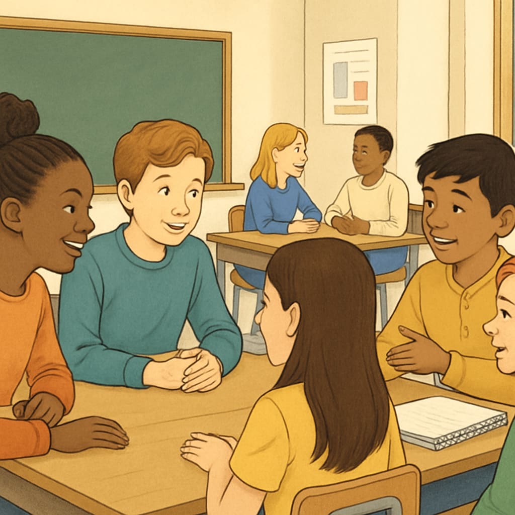 A classroom setting with students engaged in discussions about diversity and inclusion, illustrating the positive influence of Students discussing diversity and inclusion in a classroom environment